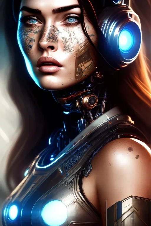 wonderfull portrait, megan fox face, half side face robot rust, long black hair, intricate, sci-fi, cyberpunk, future,