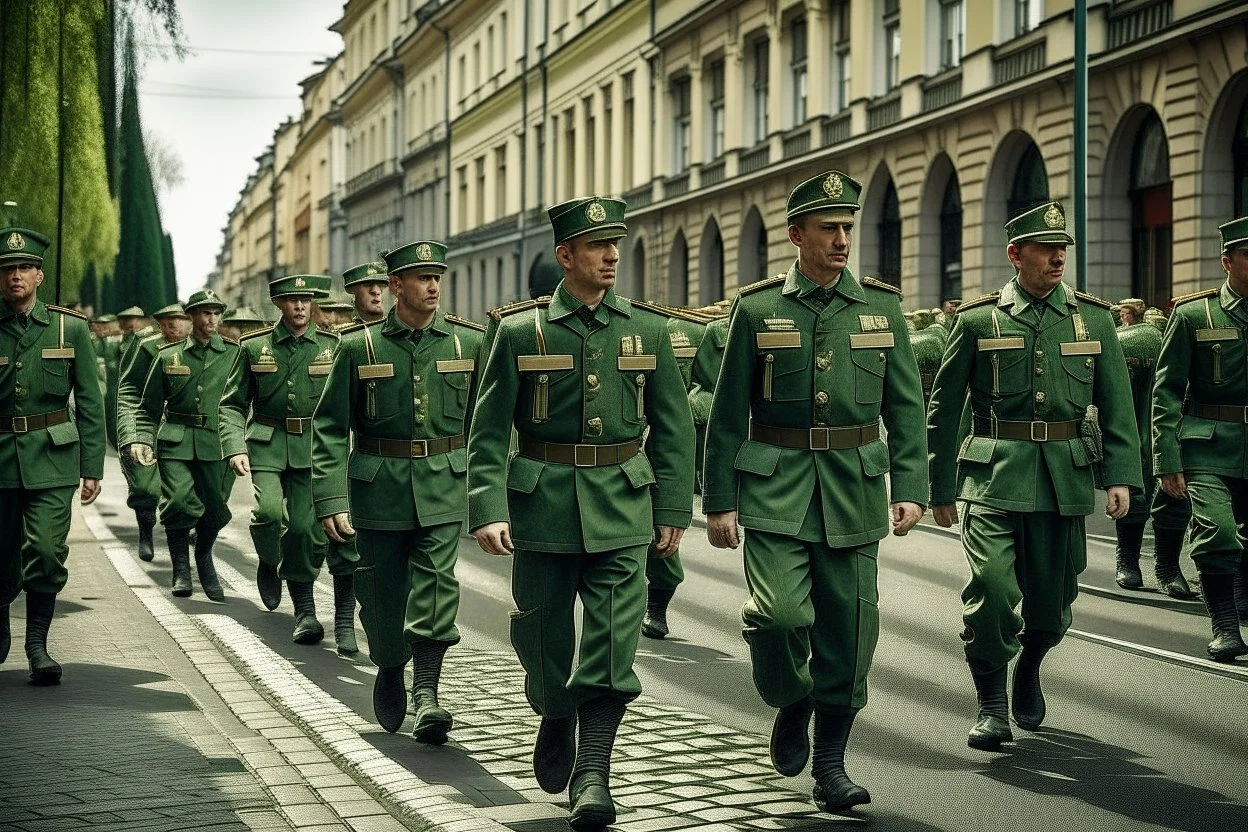 Soldiers marching in formation; military parade; marching along a street; green uniforms; medals and insignia; Rifles in their hands;