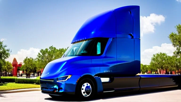 A Tesla semi-truck is parked, in the 'Islands of Adventure, Universal', in Orlando, Florida. CINEMATIC. WIDE ANGLE LENS.