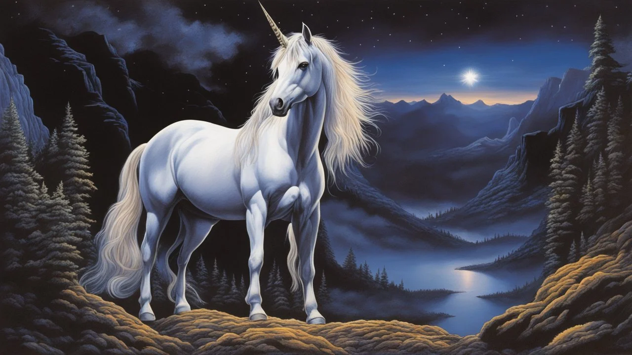 A stunning night sky seen from the bottom of a deep valley. a dying star. unicorn. Painted by Larry Elmore.