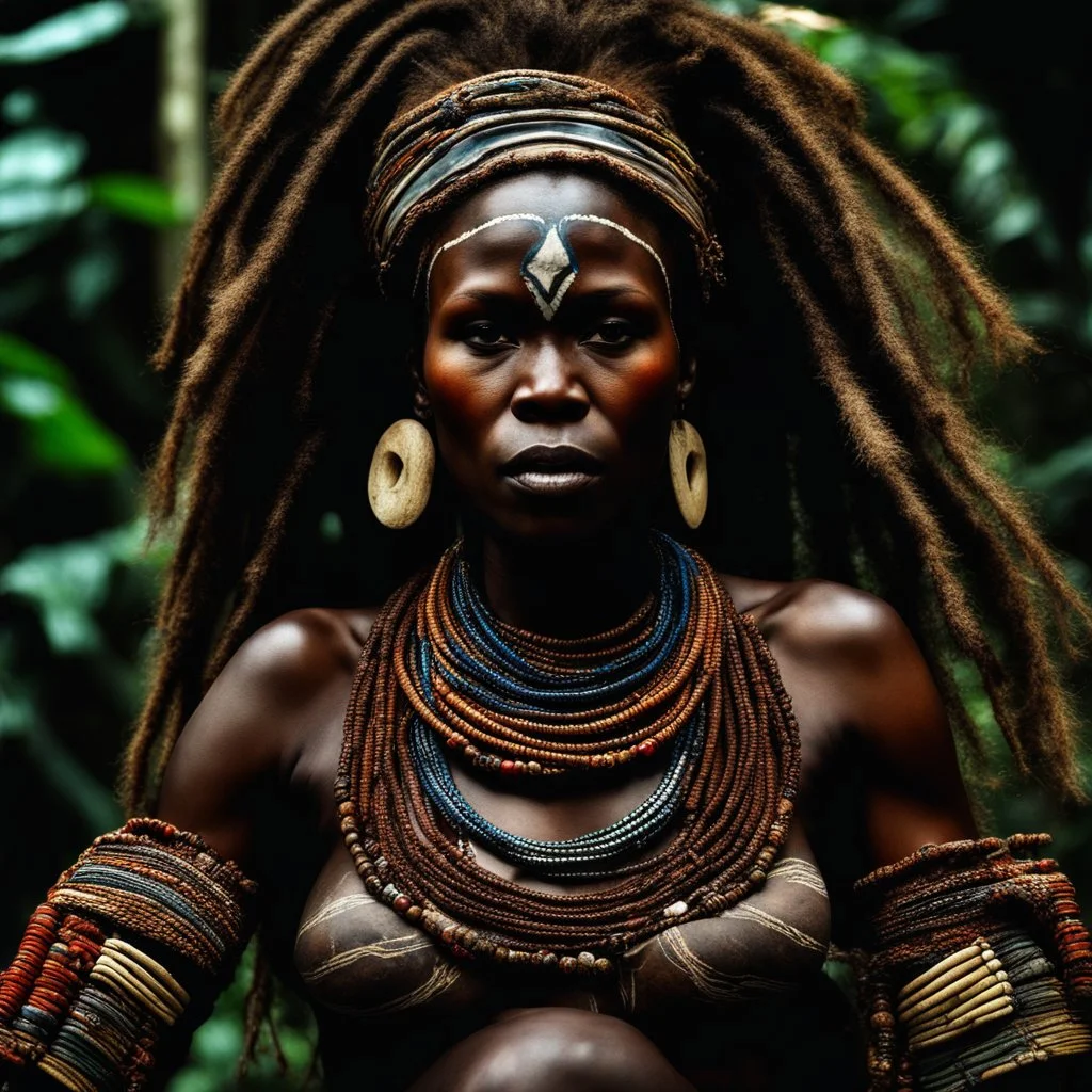 Behold the powerful alluring and pretty african congo shaman woman, her body adorned with with rutual paintings, in the middle of congo jungle. intricate details, HDR, beautifully shot, hyperrealistic, sharp focus, 64 megapixels, perfect composition, high contrast, cinematic, atmospheric, moody