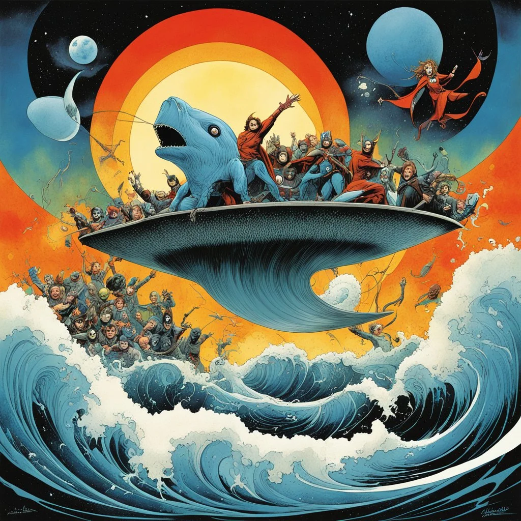 Bleating and babbling Wave upon wave of demented avengers March cheerfully out of obscurity into the dream, by Gerald Scarfe, by Dan Matutina, by Emek, surreal mind-bending illustration, heavy dreamy colors, Pink Floyd aesthetics, cosmic drama, trippy album cover