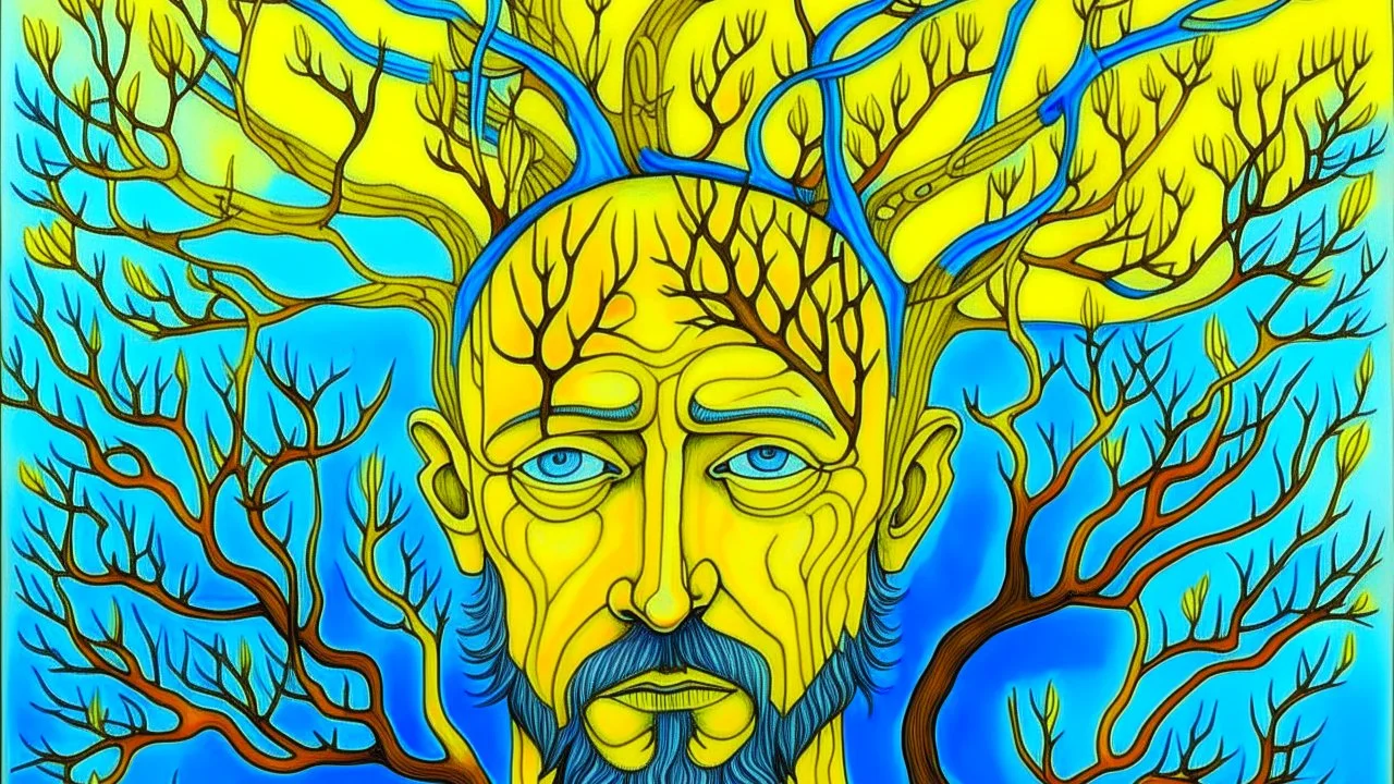 Metamorphosis of a man into a tree of thorns gouache Wes Anderson yellow and blue underground comix mixed media