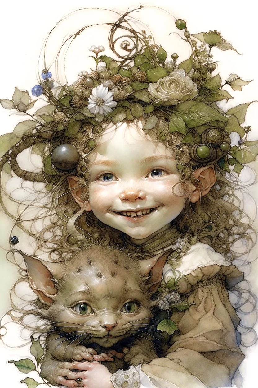 Artist Jean-Baptiste Monge style. A young toddler Elf child is smiling.pale skin.curly fine hair. round baby face. hugging her pet cat. her ears pointed. freckles across her nose and face. wreath of flowers in hair.