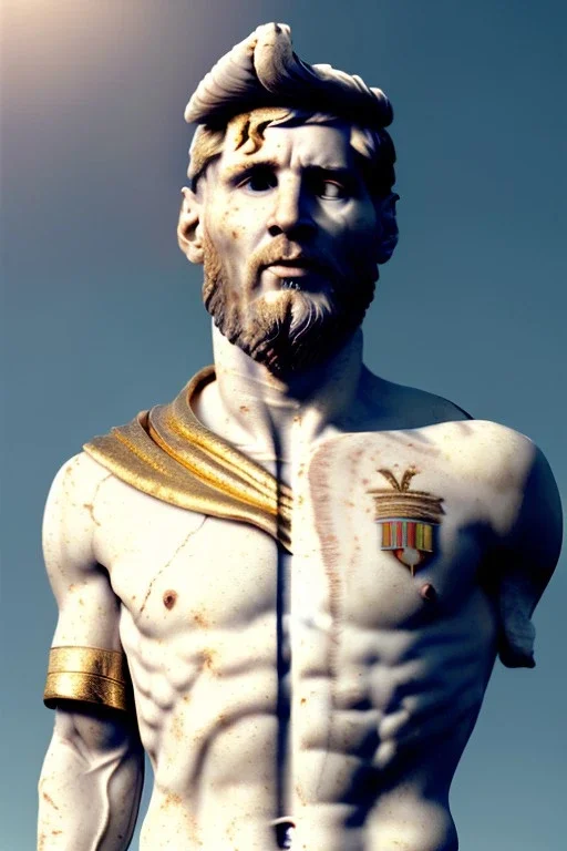 Realistic image, Roman sculpture made in white marble with gold veins, Lionel messi with gold halo crown, two blue brushes, decorative star on the chest, waist up portrait, marble material, gold ornaments, Baroque style, sun rays background, epic, celestial, cinematic lighting, God lights, 4k resolution, smooth details, soft lighting, unreal engine 5, art station, substance 3d.