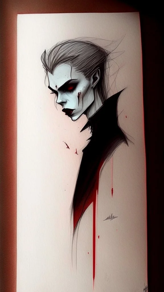 vampire drawing, minimalistic style, natural colors, blood, graphite pencils