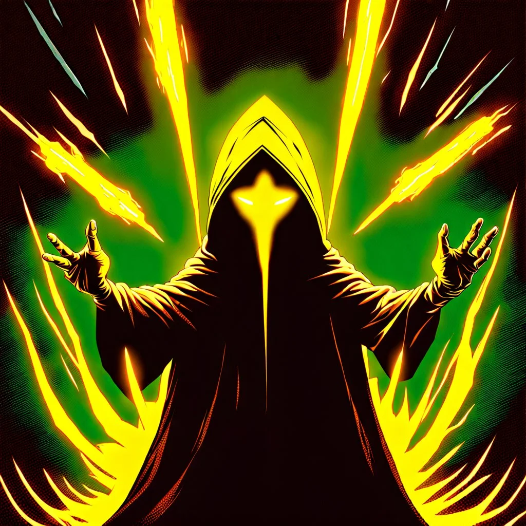 90's TCG art retro fantasy art of a faceless hooded figure blasting yellow light beams out of hands