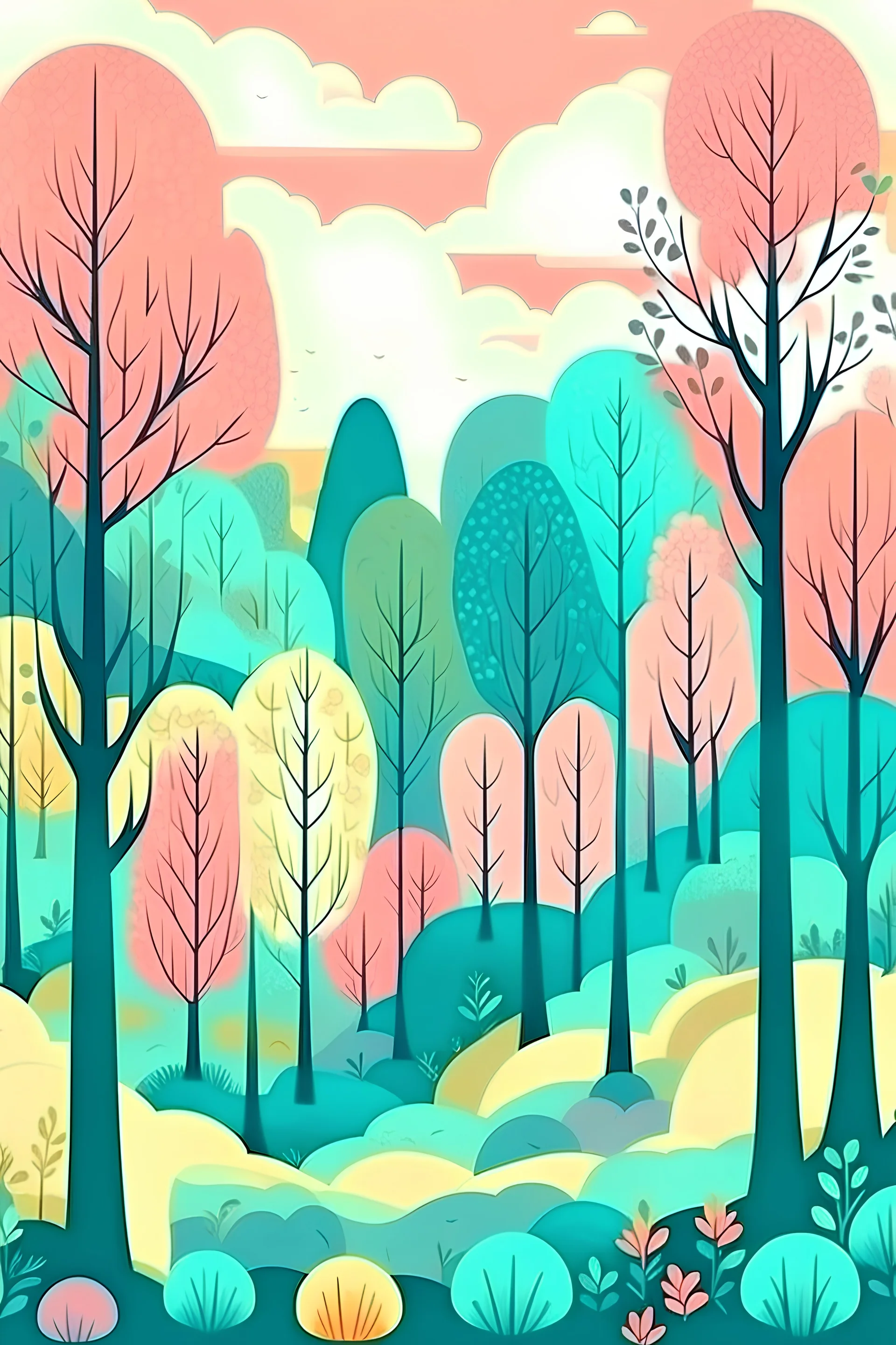 valle de algodon con arboles color pastel estilo naif