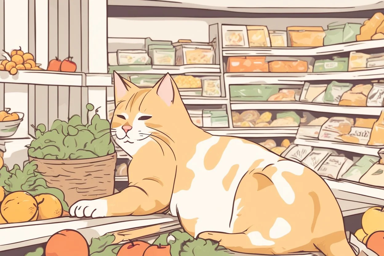 cute contented cat is shopping in a foodstore in sunshine. Food, fruits