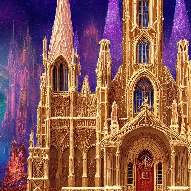 grand cathedral made of gingerbread with vibrant rock candy as windows, 8k resolution, centered, high-quality, ultrafine-detail, ornate, digital art, flickering light, baroque, volumetric lighting, illustration, 3D octane render, brian froud, howard lyon, George Grie, greg rutowski,