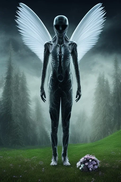 running alien portrait , black jogging suite , in the night Alps , holding leaves and flowers , angels background, volumetric light, high detail, dark leaf tree, dark mountains in background, perfect, HR Giger style