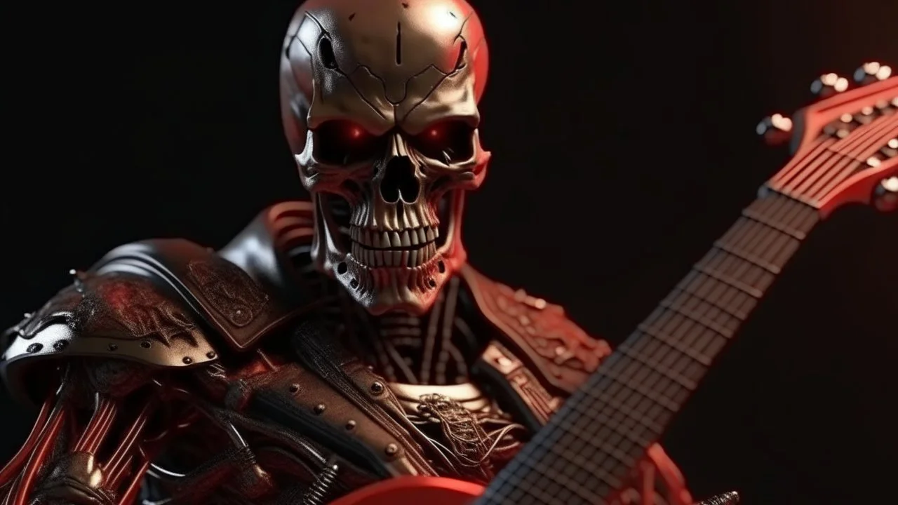 4k full detail realistic portrait terminator sans peau jouant guitare electrique