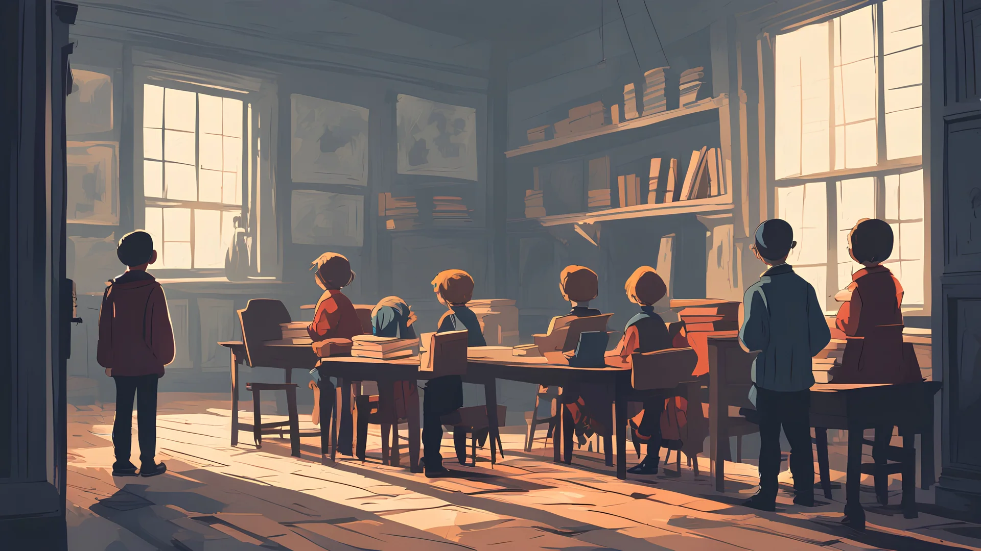 Vector. Poor students. Illustration. Stone house school. Students of jurisprudences. Old home school. 2D animated. 1900 AD. Digital painting, inside. Minimal.