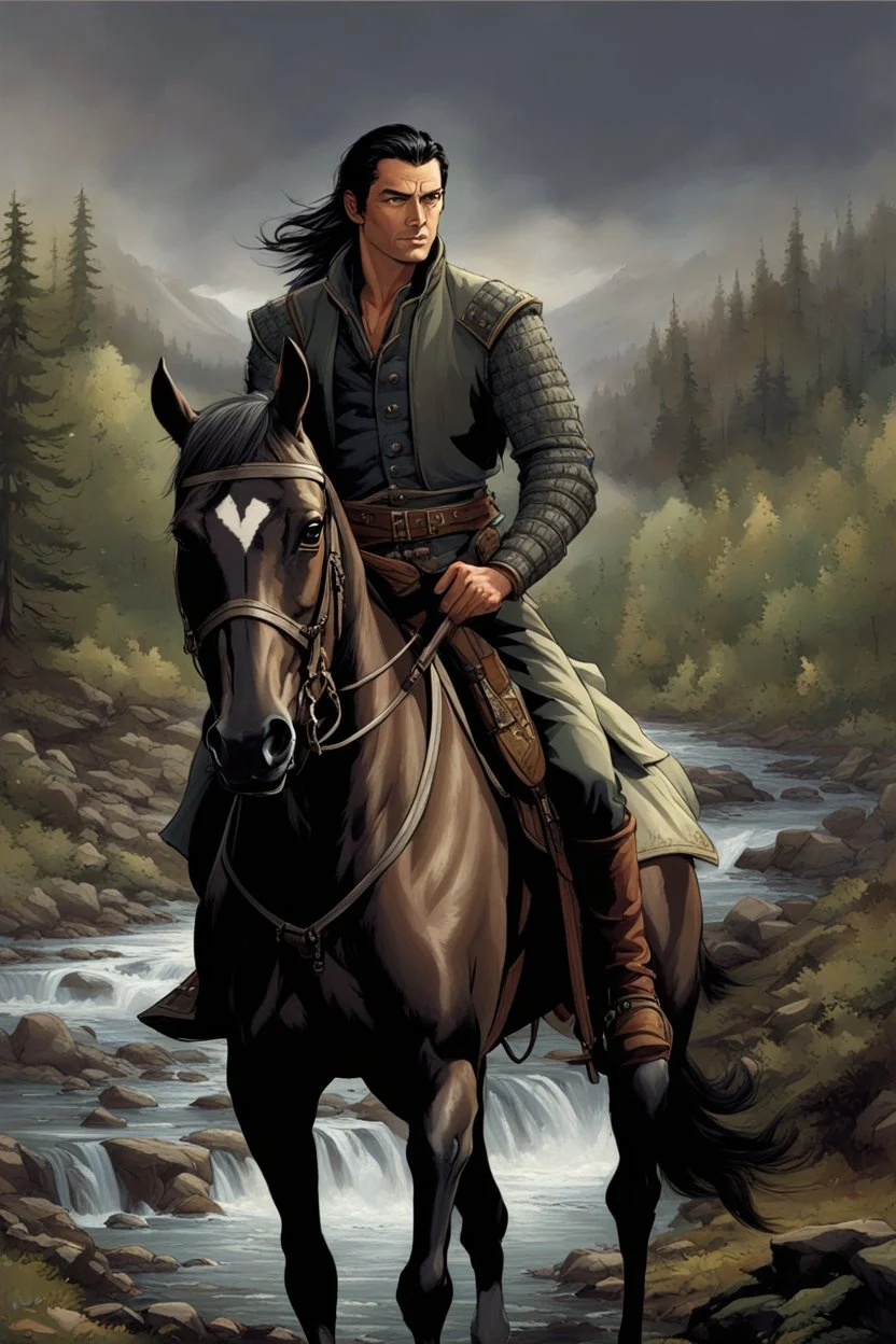 A 40 year old mercenary in a battle jacket and travelers cloth. He is riding a dark gray horse. He is tall, slim, has a sharply cut face. black hair, short ponytail on the top of his head. Perfect face. Perfect eyes. Perfect hands. Perfect feets. fantasy setting. A river ford in a wood. Style of Larry Elmore