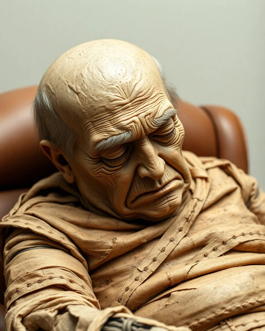 a chubby really old decomposing realistic male mummy, looks similar to donald trump, eyes closed, leaned over in a brown chair