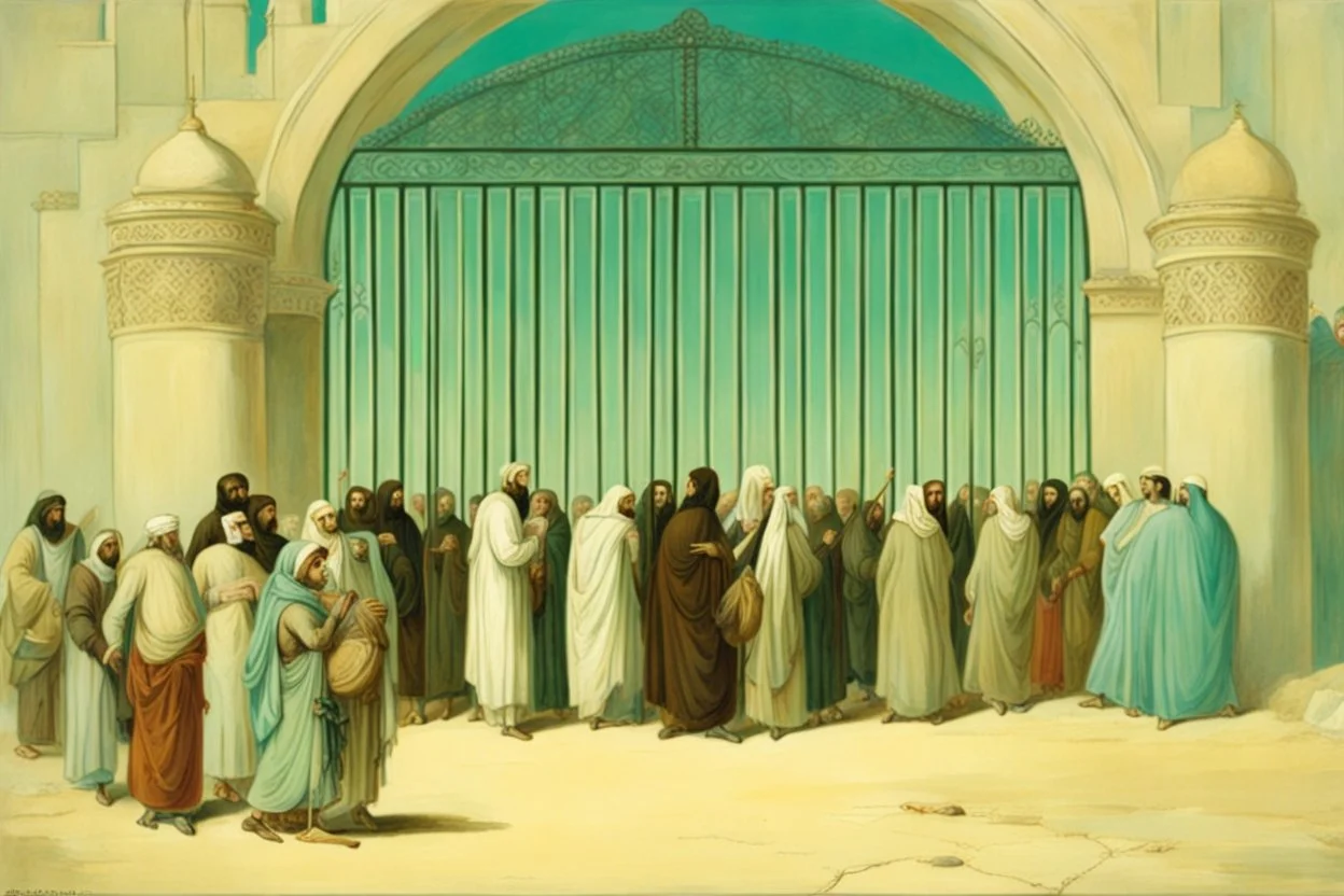 a group of people outside a gothic_arab glass gate in a turquoise wall by artist "Richard Dadd"