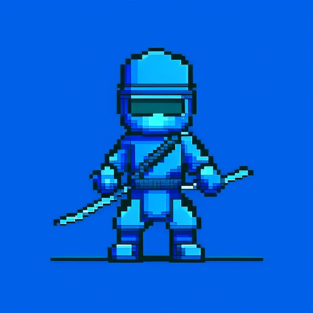 a pixel art-style simple 32-bit Ninja with a blue outfit