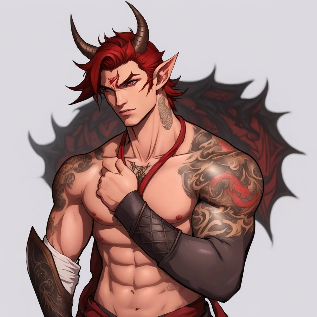 A Young Adult Male. A unique blend of Wood Elf and Red Tiefling features. His handsome face contrasts with the Yakuza dragon tattoos that completly cover his back, arms, and legs. He is wearing a torn coat. A physique that is strong and well-built, resembling a Fighter.