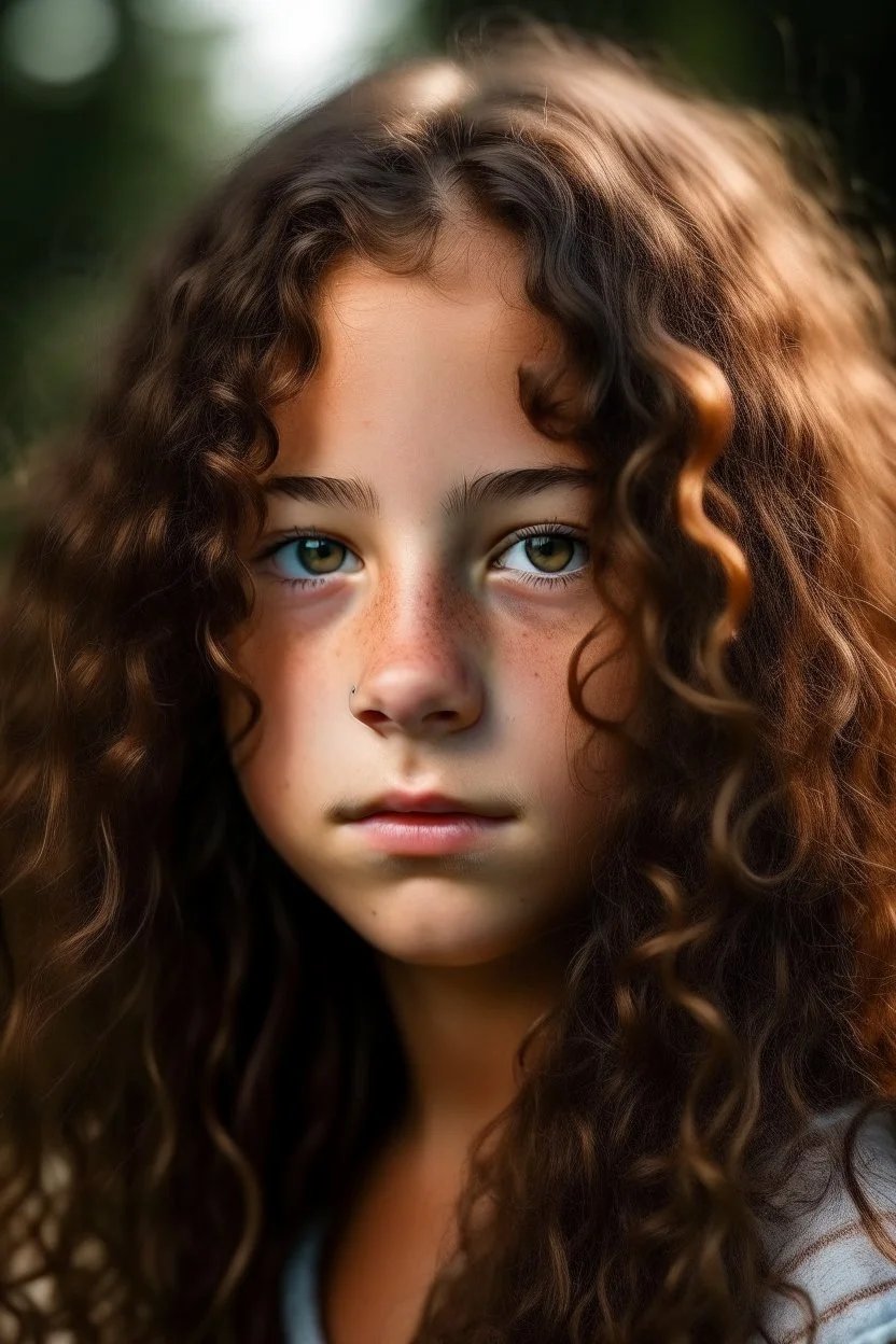 14 year old girl with heterochromie, dark brown eyes, long dark brown frizzy curls, freckles all over the face