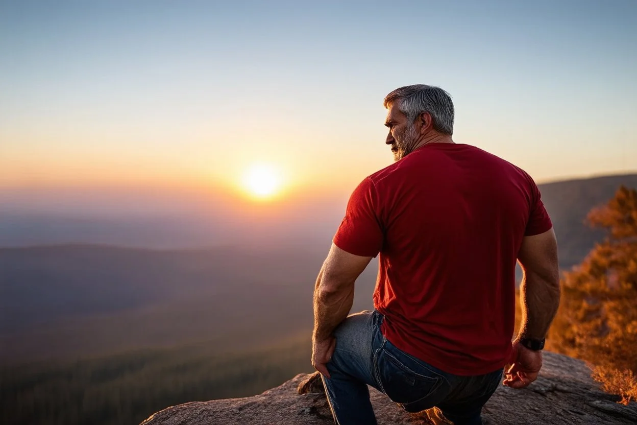 a brawny man with grey hair views sunset from a cliff