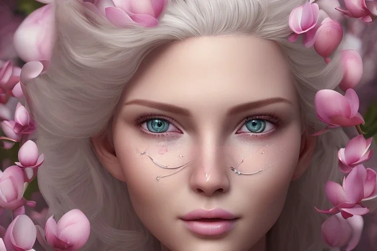 femme long cheveux blond blancs grands yeux bleus , 8k resolution, flower magnolia lotus rose, beautiful portrait, 8k resolution, flower head and body, beautiful star souriante+++