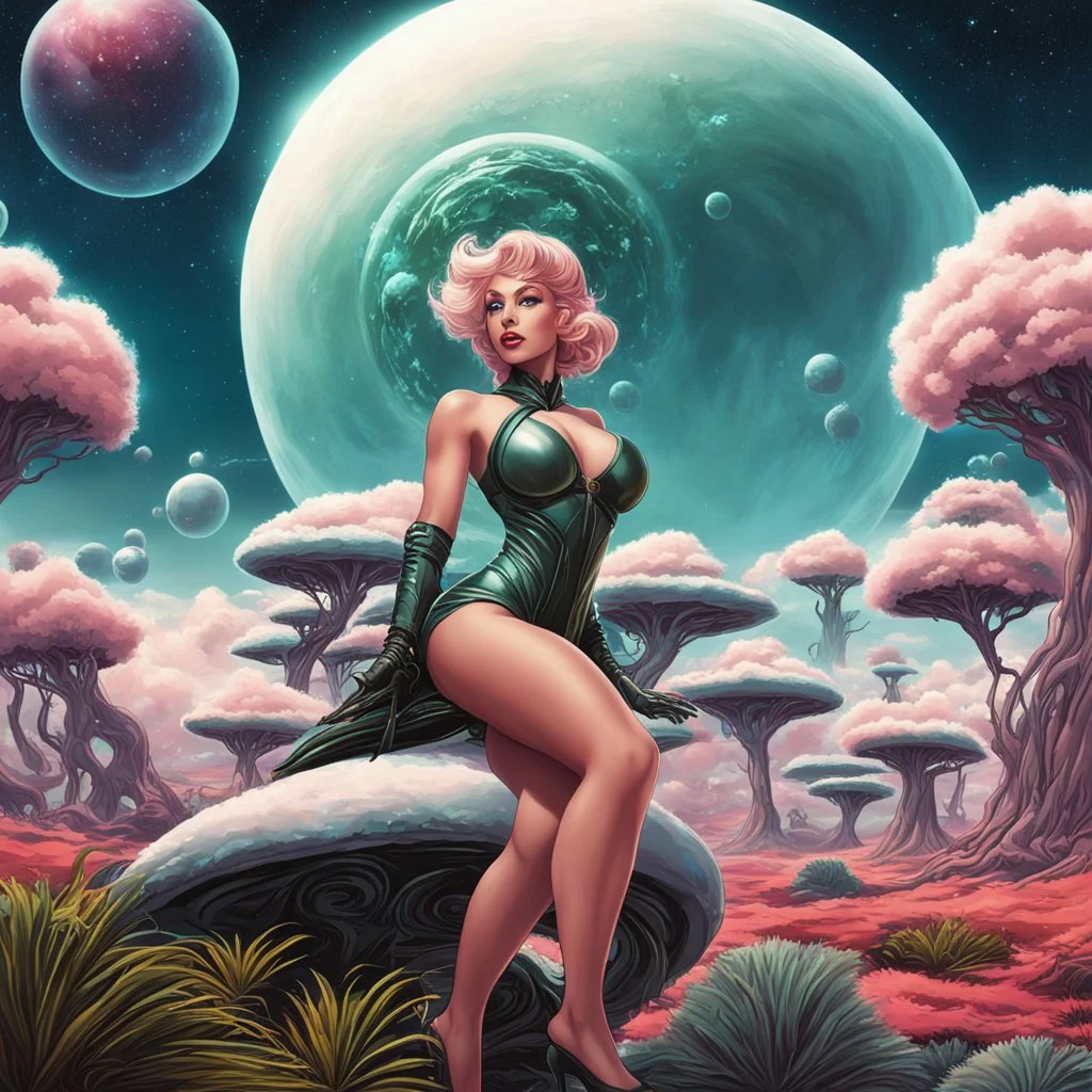 Sci-fi pin-up girl on an alien planet of cloud trees in the multiverse