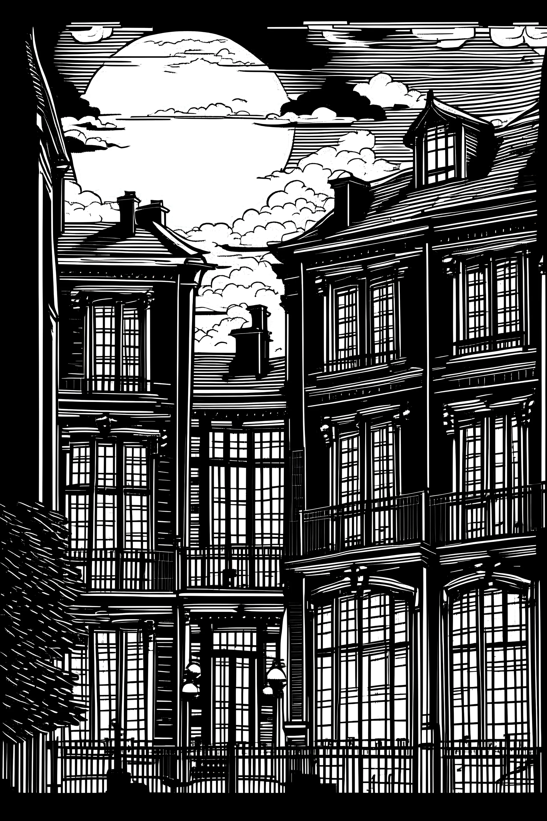 The court was very cool and a little damp, and full of premature twilight, although the sky, high up overhead, was still bright with sunset. Victorian London, black and white. One window, sketch-drawing.