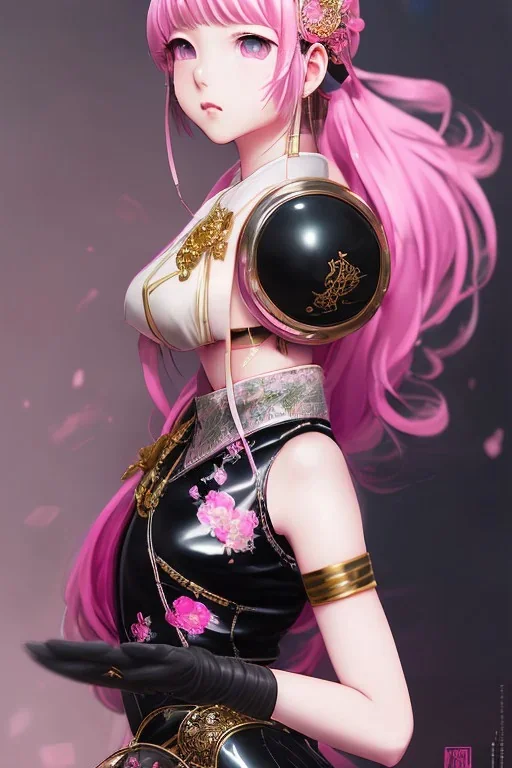 Detailed cute anime Kunoichi girl, pink hair buns, pink bangs, black latex bodysuit, intricate details, full body portrait, keep head in frame, slight smile, black Japanese motif, concept art, highly detailed, digital painting, concept art, sharp focus, illustration, art by Yoji Shinkawa, WLOP and greg rutkowski and alphonse mucha and artgerm and yanjun Chen and Junji ito and Makoto Shinkai, HDR, octane render