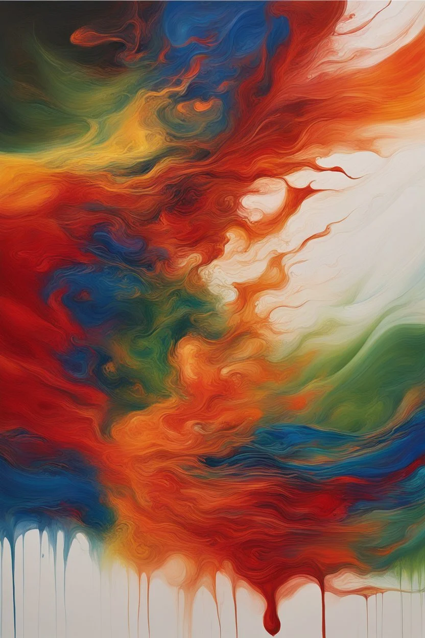 The image is an wabstract painting with a white background. The painting is composed of a variety of colors, including blue, red, orange, yellow, green, and red. The colors blend together in a fluid and fluid manner, creating a sense of movement and energy. The blue is on the left side of the painting, with a hint of green on the right side. The red is in the center, with the yellow and orange stripes radiating outwards. The green is on top of the blue, and the red is at the bottom. The overall