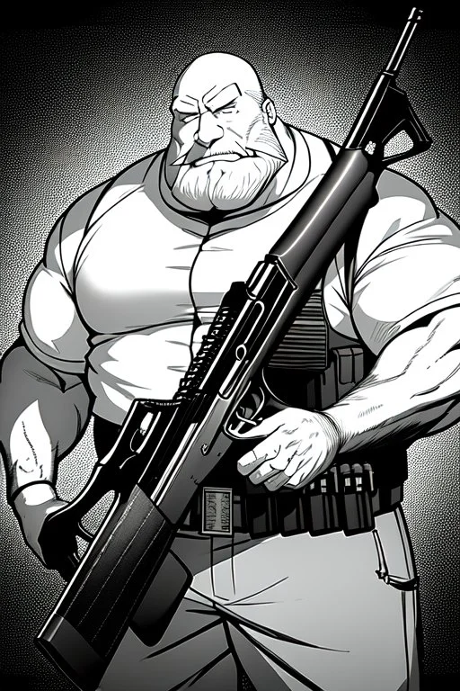 old man behind a bar counter holds a sawed-off shotgun, greyscale