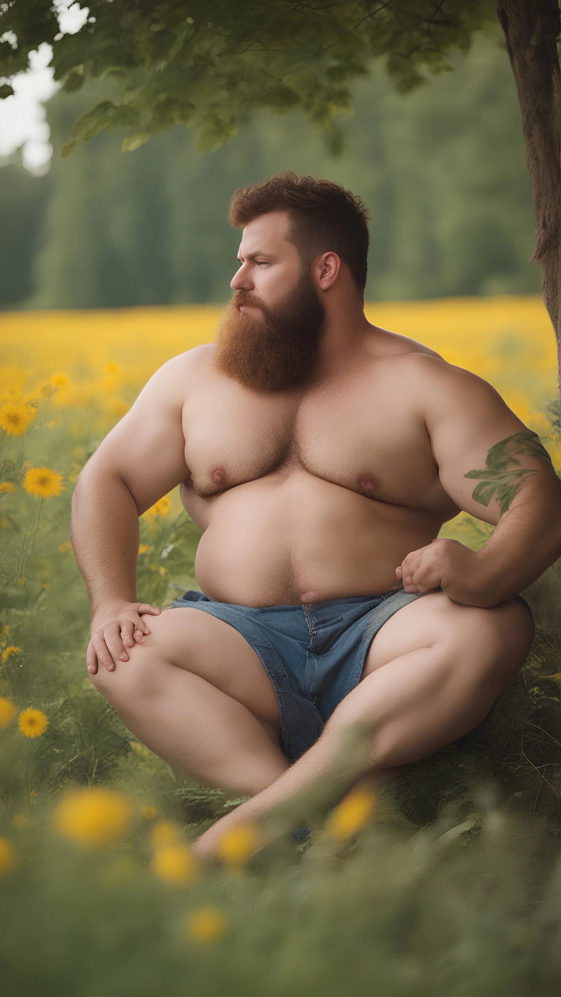 full figure photography, shy muscular big fat chubby, 35mm lens, burly italian man short hair, 28 years old sitting in the meadow with a flower in a hand, near a big farm , red short beard, shirtless, hairy armpits, manly armpits, ugly, manly chest, hairy chest, big shoulders, , huge belly, manly chest, shirtless, with boxer, emotive eyes looking at camera, photorealistic ,sunlight , ambient occlusion, side view, poetic composition, golden ratio