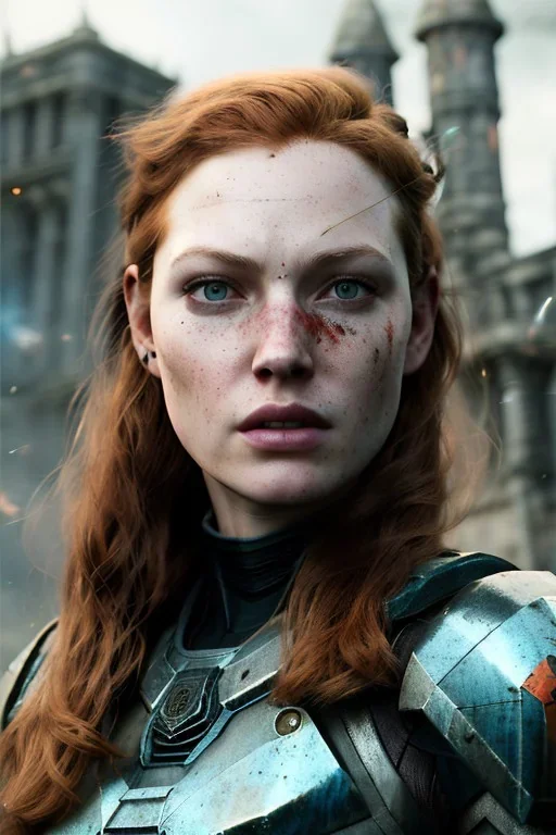 ultrarealistic, concept art,ruined city,__intricate fantasy armor__, no star, __angles__, 25 year old woman, strikingly beautiful,ginger hair, _colour_, (pale __skincolor__ skin:1.2), __camera__, long hair, detailed face and eyes, medium breasts, sci-fi theme, freckles, dynamic pose, resolved expression, __accessory__, strappy outfit, (straps:1.1), sword in scabbard on left hip, (buckles, buttons, snaps, rings:1.0), haltertop style breastplate, detailed eyes, plump lips