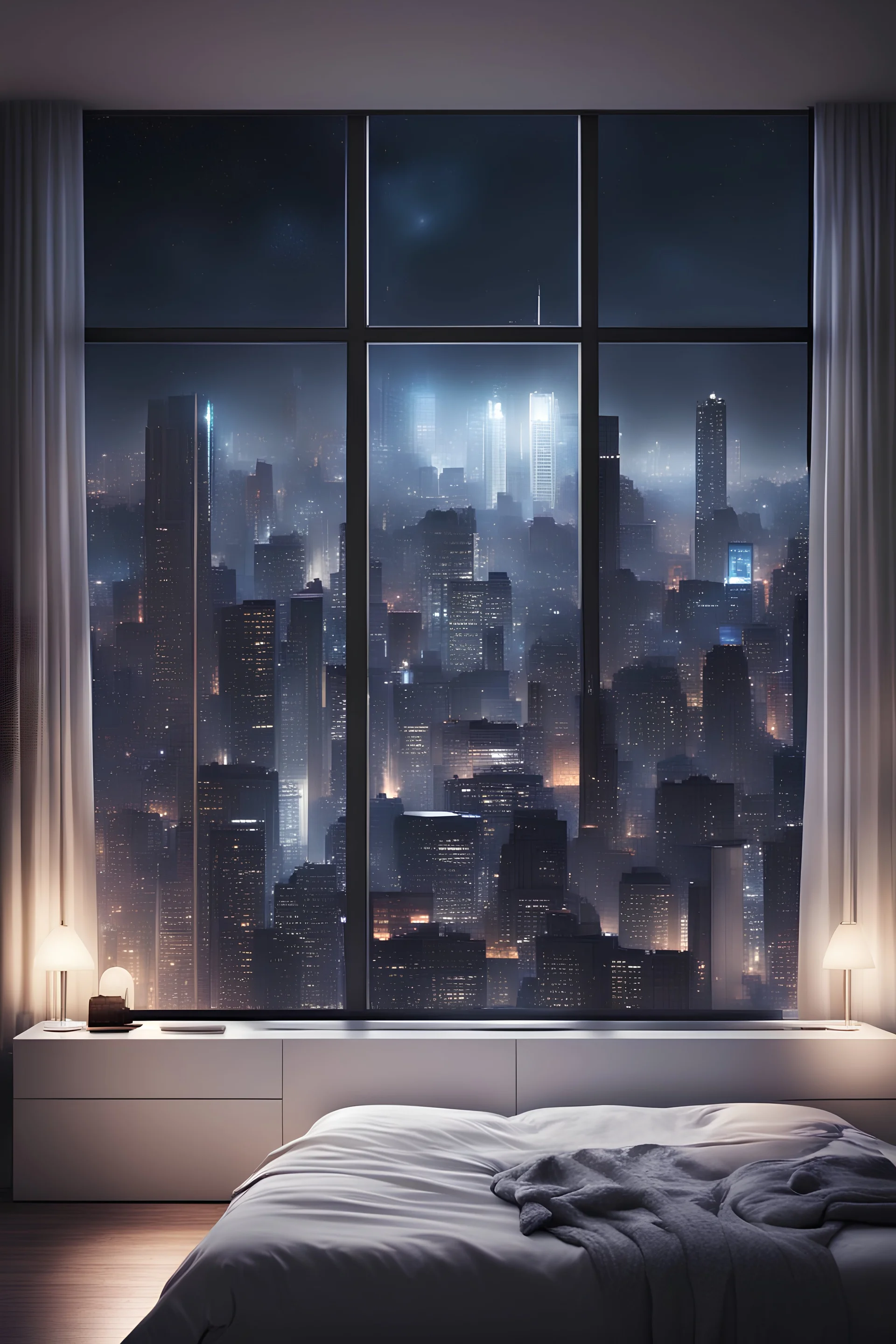 bedroom, future, hunger games, cosmos, high buldings, fancy, minimalism, modern, city,night, white, big window overlooking the big city at the night, 2050