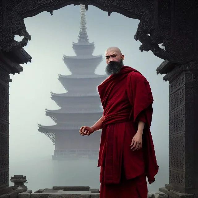 Portrait of a monk, fog, distant Asian temple, profile, grim, dark, Frank Frazetta, Greg Rutkowski, hyperdetailed, dnd, trending on Artstation, Splash screen art, dynamic lighting, intricately detailed, a masterpiece, 8k resolution, high contrast, bearded, red robe, detailed face, dramatic