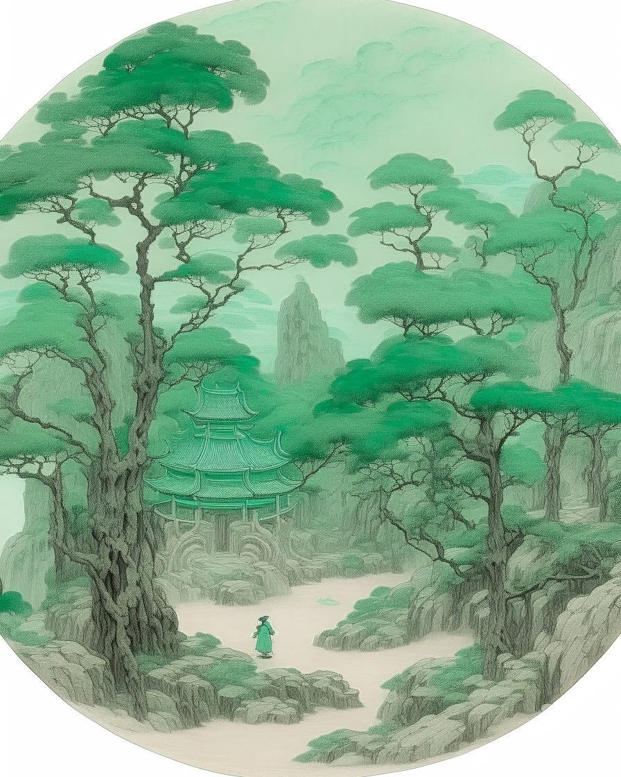Grayish mint green treetops with a boxer's arena painted by Guo Xi