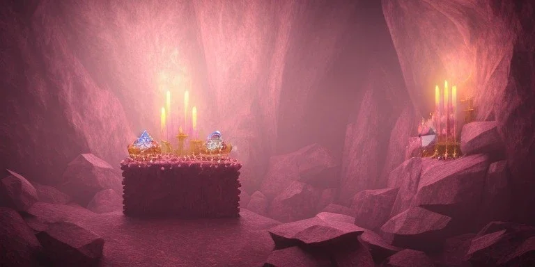 single pink crystal, on an altar in a foggy cave, cinematic,