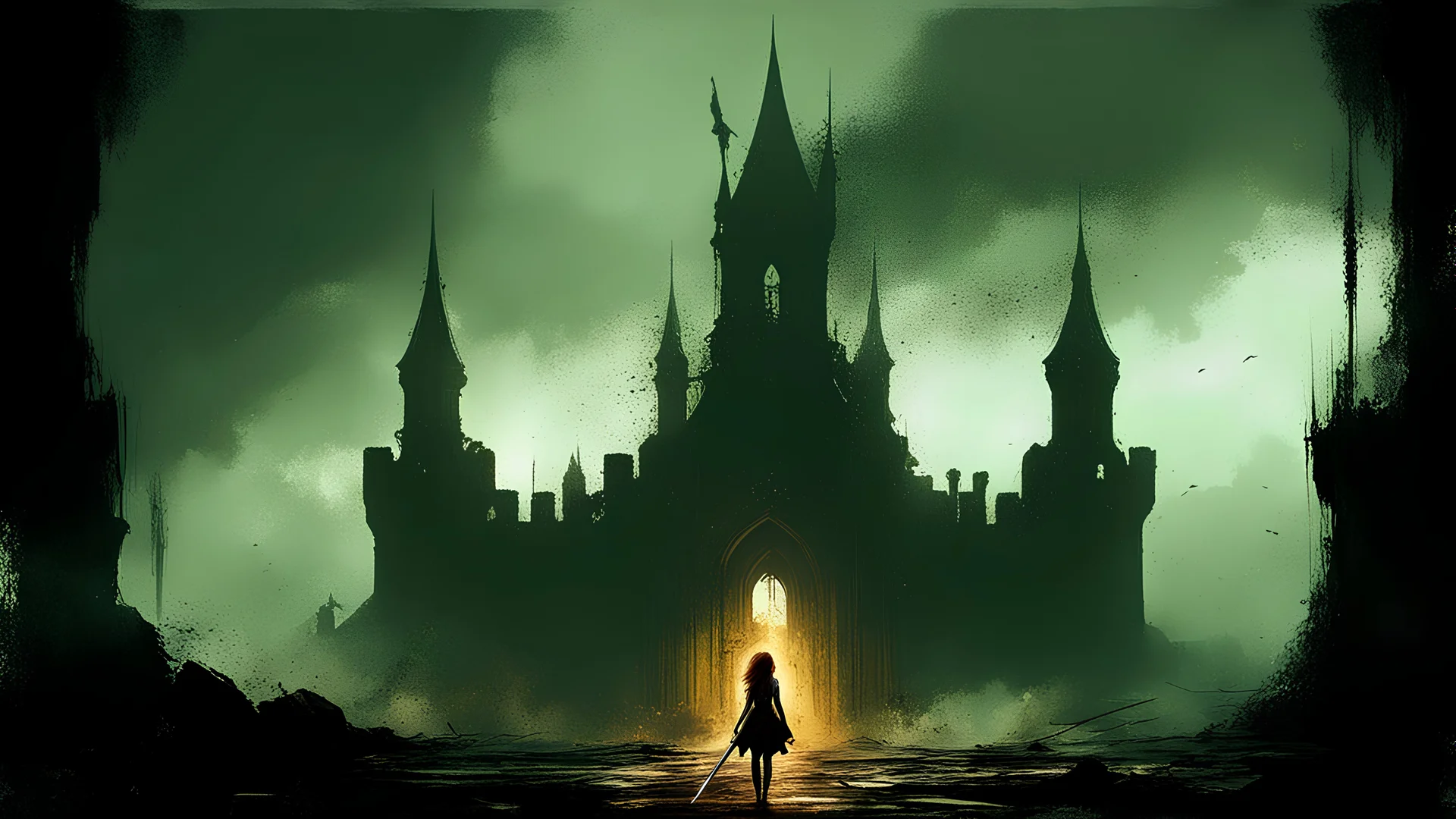 young girl look castle in war with storm, in dark fantasy style, Raymond Swanland & Benedick Bana