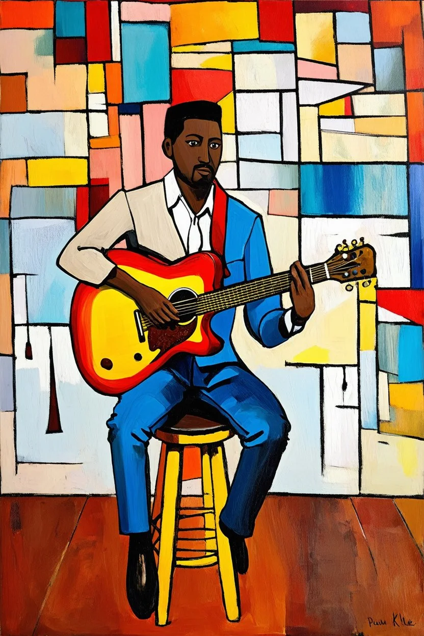 a jazz guitar player sitting on a stool in the style of Paul Klee