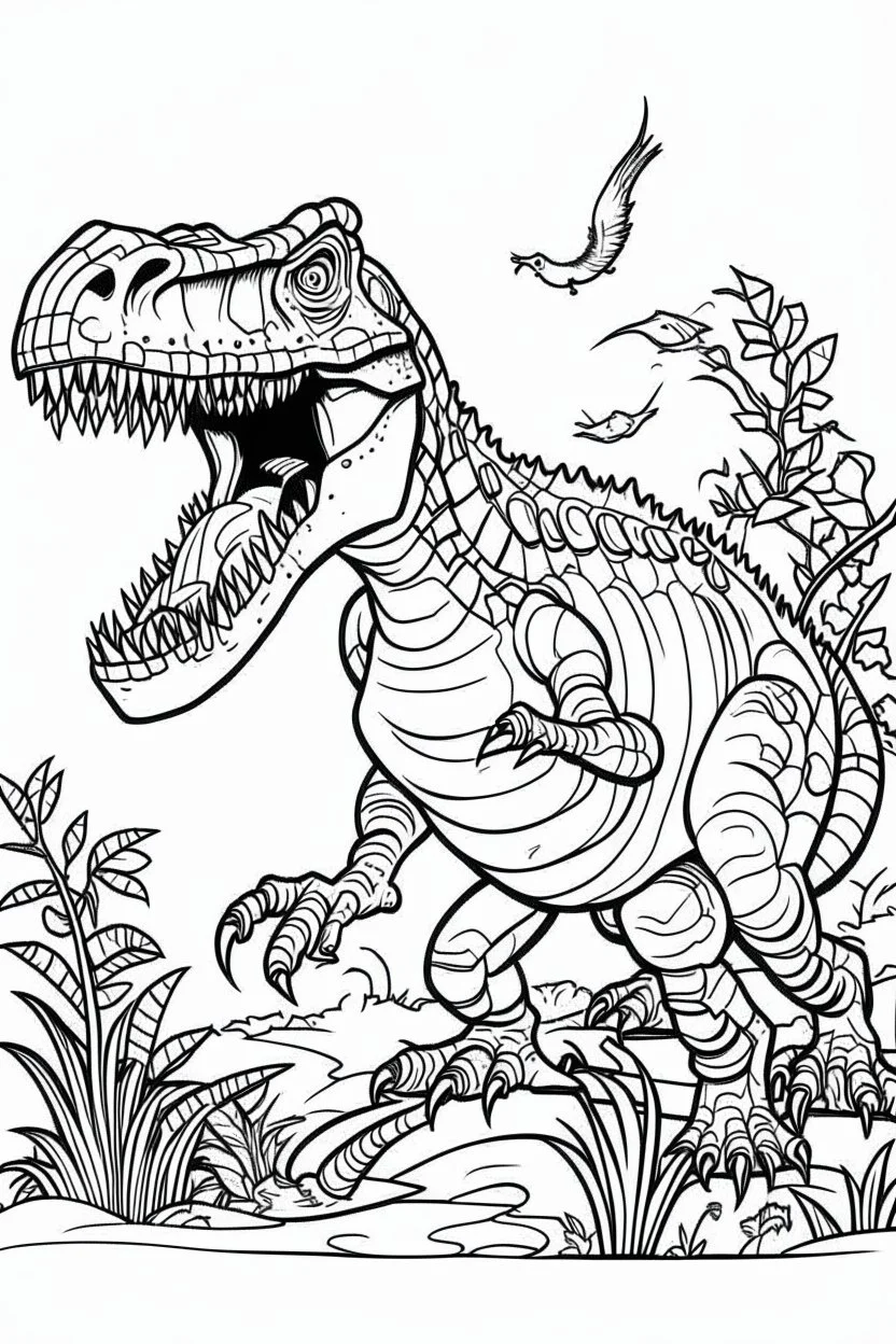 create a coloring page: Show a T-Rex aggressively defending its territory against intruders, using its teeth and claws to fend off attackers. . ink drawing clipart, simple line illustrations, colored