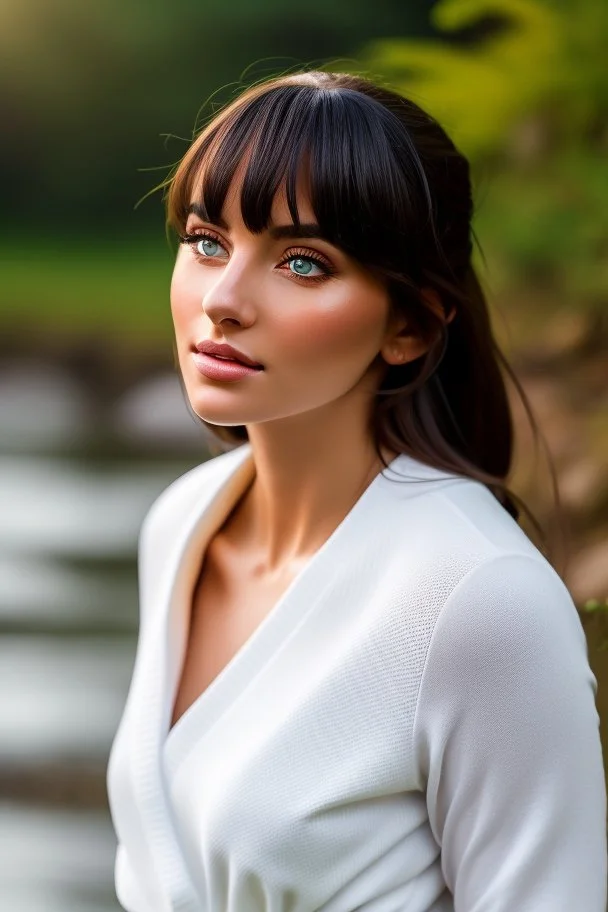 realistic, portrait and full body of a woman standing next to rocky river in country side, beautiful face with nice make up, sunlight, cinematic light, bangs, a beautiful woman, beautiful eyes, brown curved hair, perfect anatomy, very cute, princess eyes , (blue eyes) , nice sport shoes ,Centered image, stylized, life size,8k Resolution, low-cut dress with small blue details, human hands, wonder full, elegant, approaching perfection, dynamic, highly detailed, character sheet,