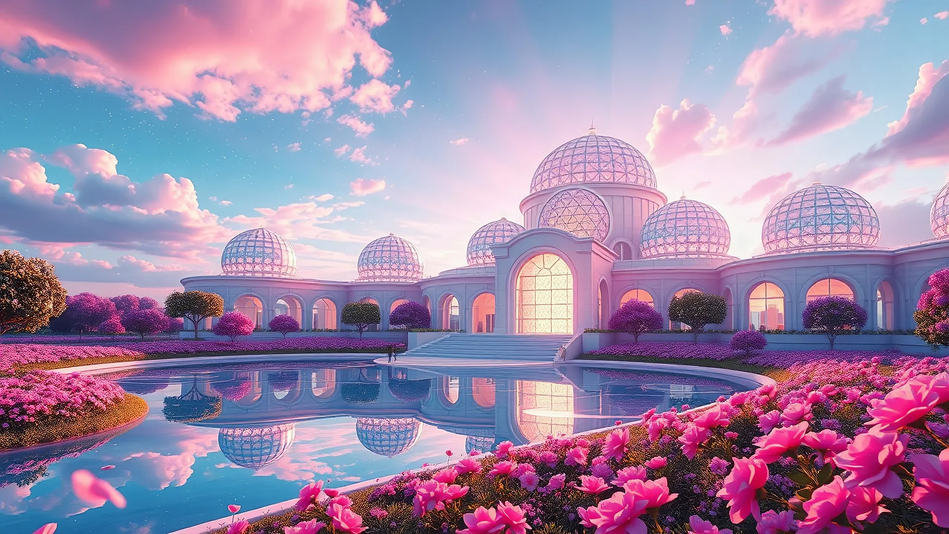 palace with transparente domes in a beautiful nature, flowers, sun, lac, blue, pink, rainbow colors and galaxies, vision of a cosmic city, the futuristic architectures with rounded shapes, the structures are adorned with iridescent pastel colors that sparkle and change according to the light, creating a dreamy atmosphere and the beautiful blomd top model combine to create a place of wonder and harmony. Cinematic scene, beautiful lighting, 3D high quality render