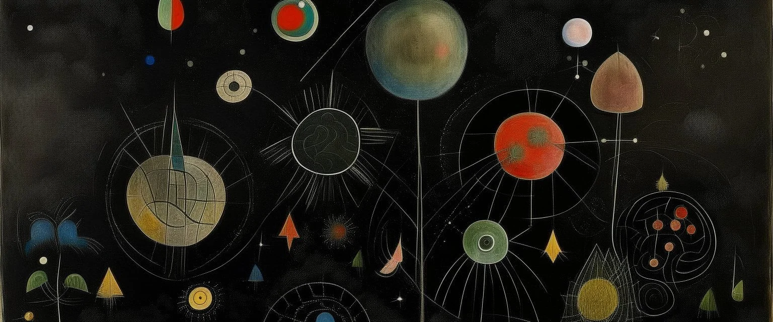 A black outer space with warped planets painted by Paul Klee