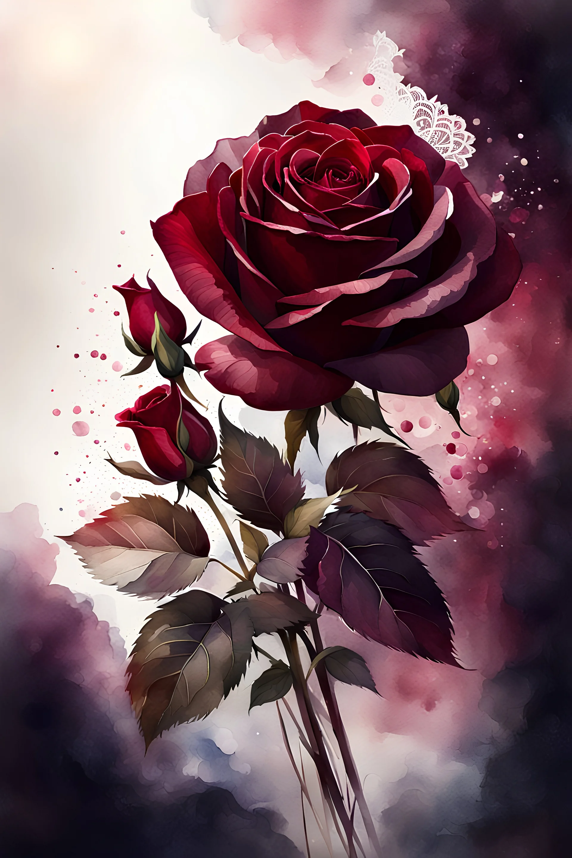 watercolor bouquet of burgundy roses with lace, Trending on Artstation, {creative commons}, fanart, AIart, {Woolitize}, by Charlie Bowater, Illustration, Color Grading, Filmic, Nikon D750, Brenizer Method, Side-View, Perspective, Depth of Field, Field of View, F/2.8, Lens Flare, Tonal Colors, 8K, Full-HD, ProPhoto RGB, Perfectionism, Rim Lighting, Natural Lightin