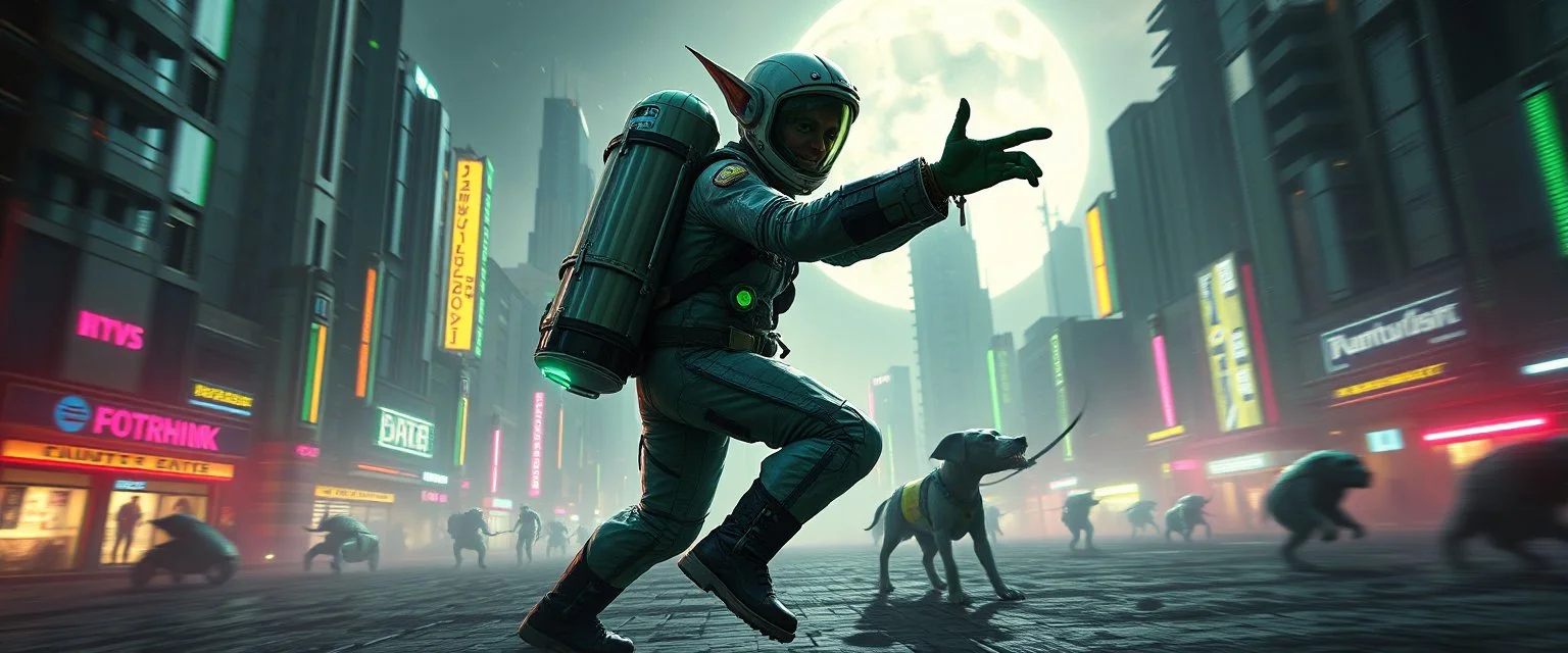 cyberpunk space city, in valley, A space elf cowboy biker astronaut with disco ball rocket backpack named Dave started doing the splits, Blew a fuse in his hips and short-circuited his bits, The Martian fluffy gremlins went wild, the Plutonians dogs screamed, Even black-and-white aliens turned ultraviolet green! in the style of fallout 4 and HR Giger, background motion blur , and volume fog spot lights