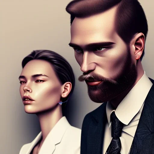 close-up portrait, 8K, a Highly detailed stunning image of Dom man with a submissive woman, woman sitting, a white suit, beard, and short hair,