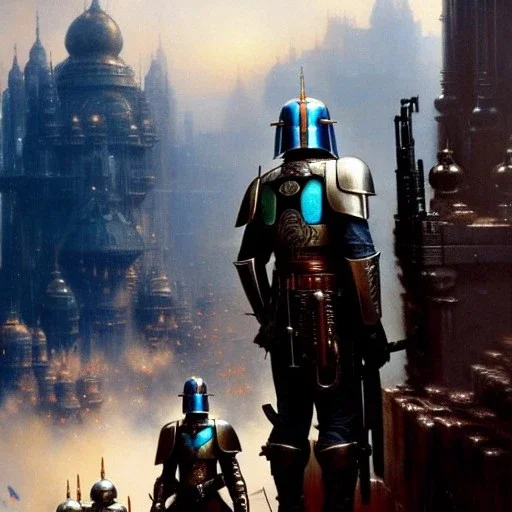 Jango Fett helmet, ancient metal helmet ,painting by gaston bussiere, greg rutkowski, yoji shinkawa, yoshitaka amano, tsutomu nihei, donato giancola, tim hildebrandt, cinematic composition, extreme detail, fit full head inside picture, muted colors