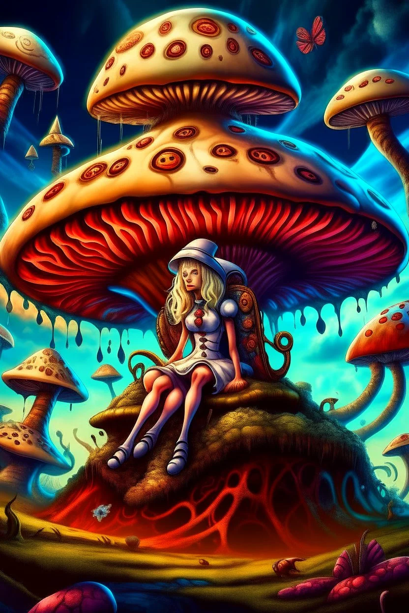 Alice in Wonderland, in a space suit, sitting on a huge mushroom, with tentacles hanging down, in an alien landscape