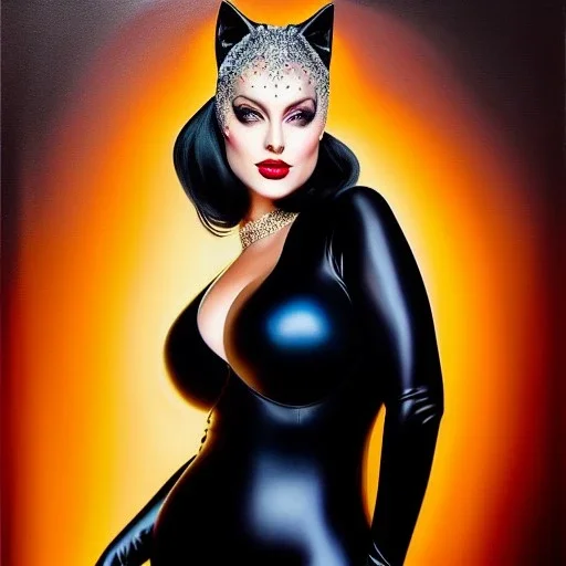 Ultra detailed fullbody Portrait in oil on canvas of beautiful busty Catwoman, wearing skintight latex suit ,extremely detailed digital painting, extremely detailed face,crystal clear Big glowing eyes, mystical colors ,perfectly centered image, perfect composition, rim light, beautiful lighting,masterpiece,8k, stunning scene, raytracing, anatomically correct, in the style of robert e howard and Ken Kelley and Ohrai Noriyoshi and Simon Bisley and tomzj1