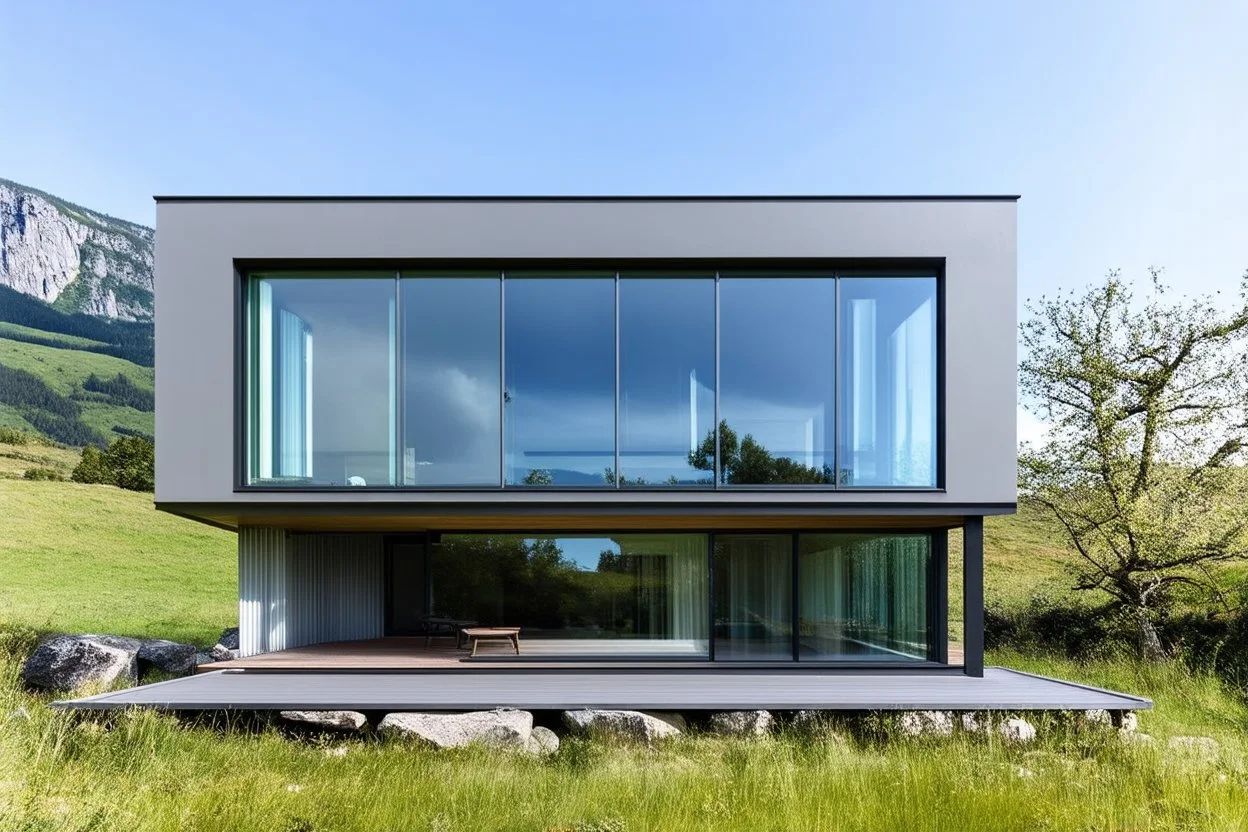 Modern, minimalist house located in a picturesque landscape. It is characterized by large glass windows and a clear exterior, providing an unobstructed view of the surrounding environment. It is built on a flat area surrounded by grass and rocks, with imposing mountains and trees in the background. The sky is clear, it is a serene and calm day, architecture, vibrant