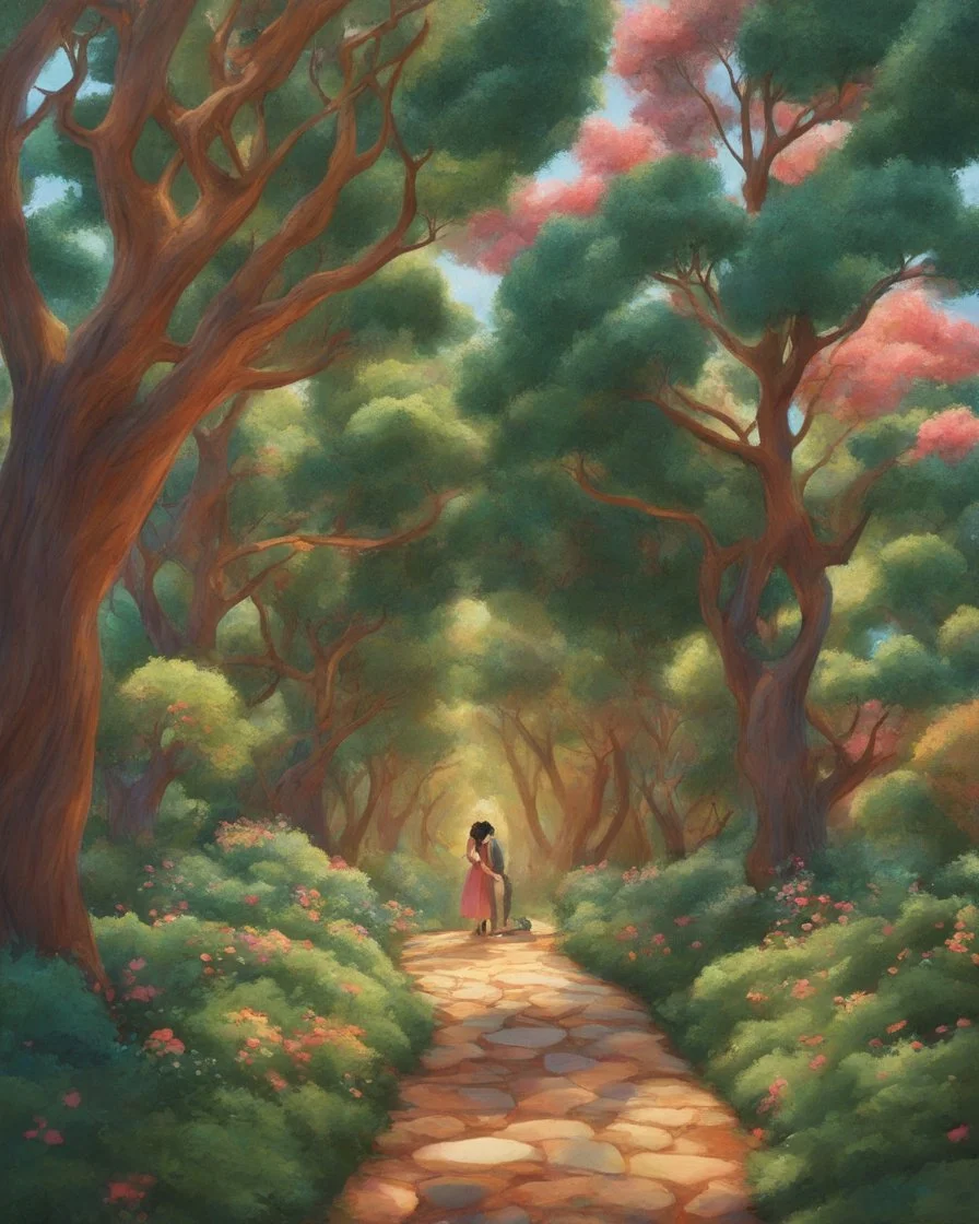 Love grows in me like a tree, portrayed in a Pixar 3D art form. Inspired by the whimsical style of Hayao Miyazaki, envision a lush, enchanted forest where heart-shaped leaves bloom on intertwining branches. The color palette is vibrant, with warm hues dominating the scene. Characters wear expressions of joy and serenity, illuminated by soft, dappled sunlight filtering through the foliage. The atmosphere exudes a magical and harmonious love